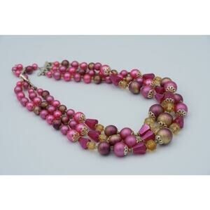 Vintage Signed Japan Pink Plastic Bead Necklace Mid Century Statement